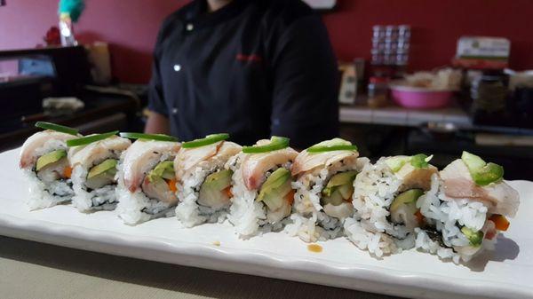 Double Yellowtail Roll - hamachi, cucumber, gobo & seared hamachi outside with jalapeños & ponzu. BTW Hamachi = Yellowtail