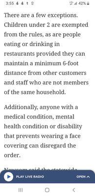 Exert from Governors Newsom's regulations regarding mask requirements and medical conditions