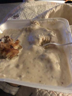 Biscuits and gravy and fried potatoes to go