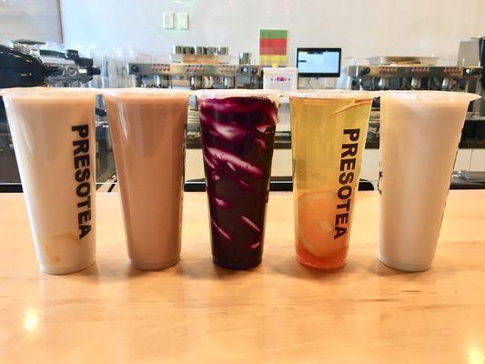 Pudding Milk Tea, Royal Earl Grey Milk Tea, Ume Latte, Signature Fruit Tea, & White Peach Oolong Milk Tea