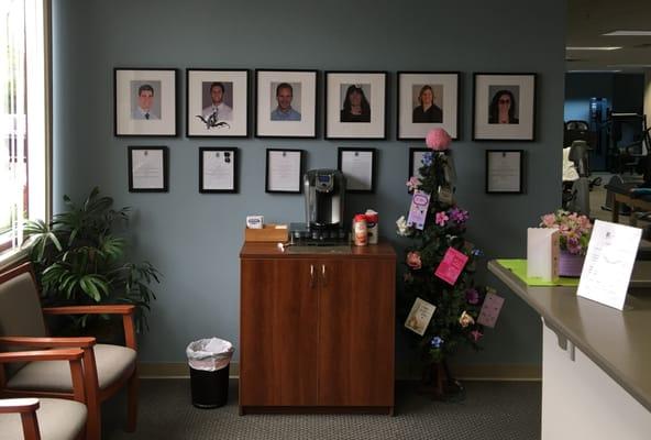 View as you walk into clinic from foyer.  Pictures are of the staff.