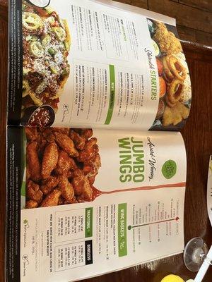 Wings section of menu.