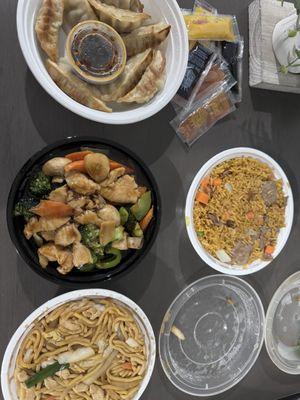 Fried dumplings, garlic chicken & vegs, chicken low mein & beef rice