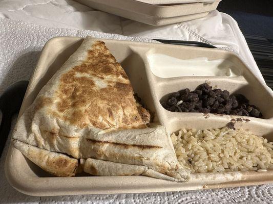 Chicken Quesadilla, Brown Rice, Black Beans & Sour Cream