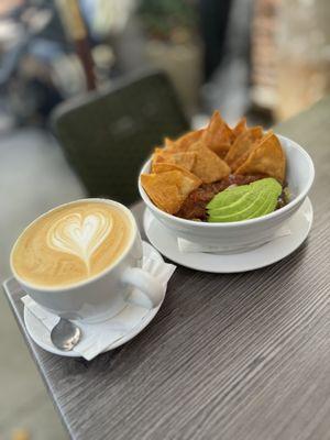 Breakfast burrito bowl and latte.