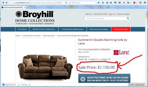 Website clearly shows $1150 price for Lane Summerlin sofa and specs show LEATHER (see other screenshot).