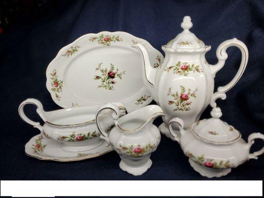 Serving pieces in the Moss Rose Pattern china, made popular by Johann Haviland China of Bavaria, made by Traditions Fine China