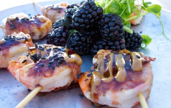 Hand Passed Hors d' Oeuvres - Prosciutto wrapped shrimp with a spicy soy mustard and blackberry glaze