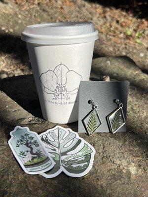 Tea to-go, stickers, earrings