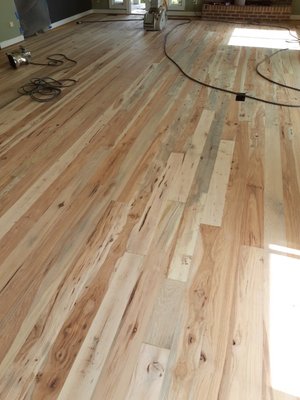 In progress - sanded down to the raw hickory flooring. Who knew these were under the dark brown stain?!?