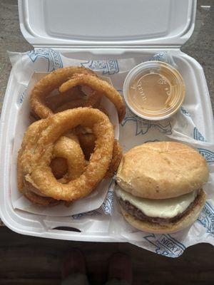 Cheeseburger and onion rings