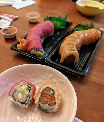 Tempura + Tuna roll // Spicy Tuna + Salmon roll