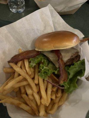 Bacon cheeseburger and fries