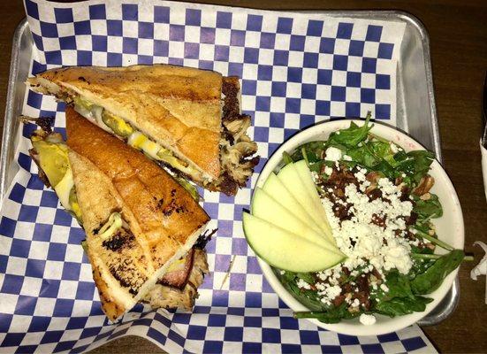 Cubano sandwich with side spinach salad