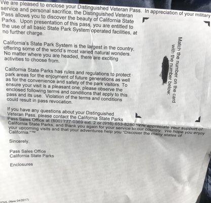 The letter states your CA State DAV Park Pass Number; please keep this letter and your temporary CA Park Pass should you lose your pass.