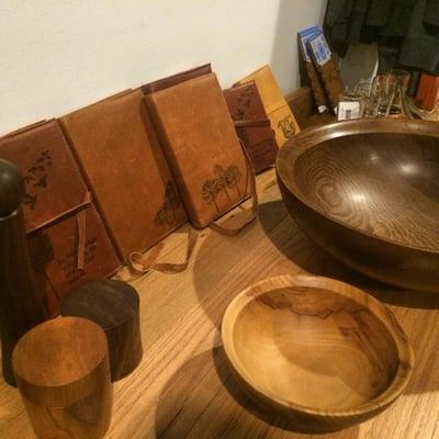 Hand turned bowls and hand crafted leather goods