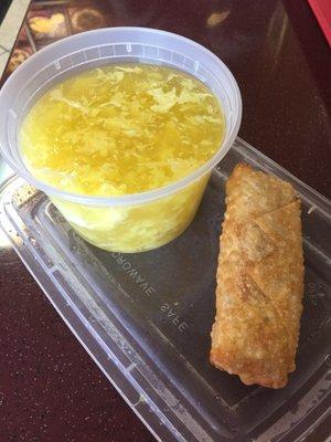 Egg drop soup and cheese steak egg roll. The egg roll was mostly cheese and very little meat. Quick lunch on a rainy day.