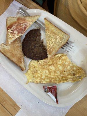 Scrambled eggs, sausage, toast