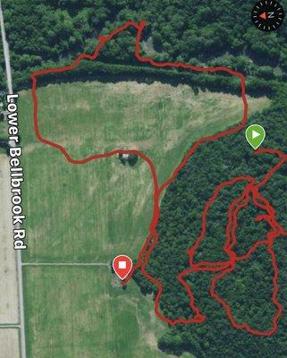 Upper trail loops on the hillside plus a loop down to the river. About 3.1 miles in total.