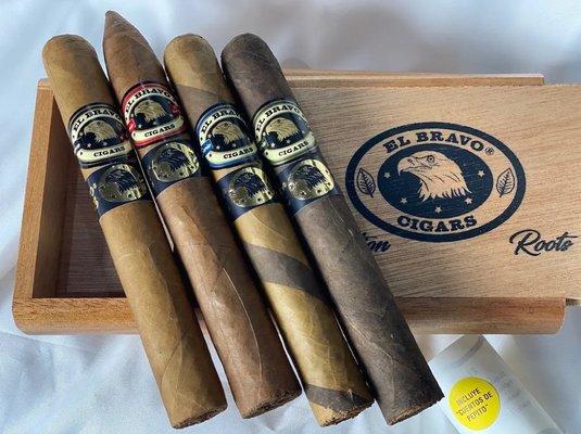 El Bravo Cigars, special selection 4 pack. Includes cedar wood box.