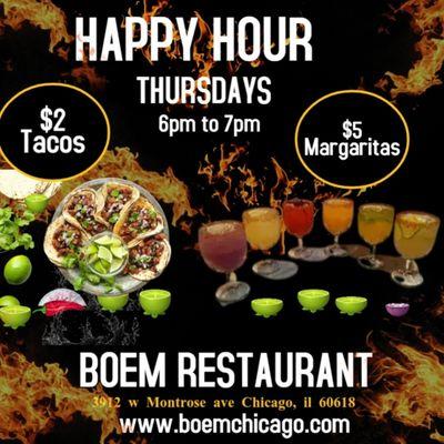 "Thursdays happy hour"
       6pm to 7pm
Patio seating available!!