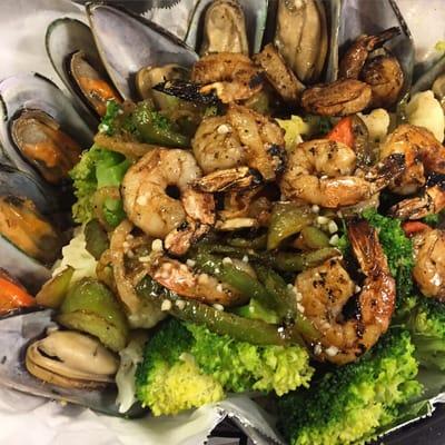 Grilled Shrimp & Mussels with rice and veggies