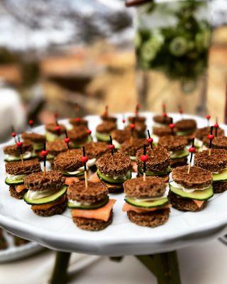 Smoked salmon, cucumber and lime cream cheese on pumpernickel.