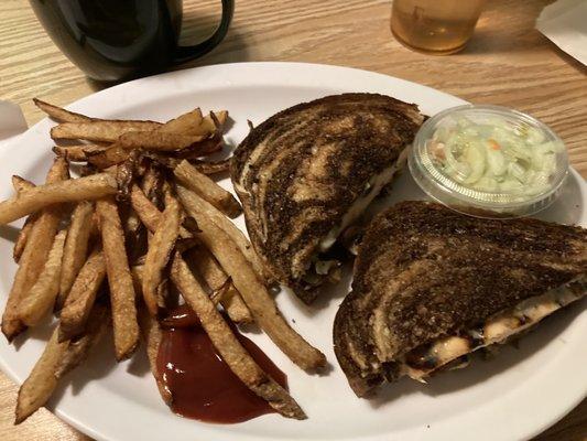 Swiss cheese & chicken in rye. I loved the sandwich & fresh fries made just like the right crispness.