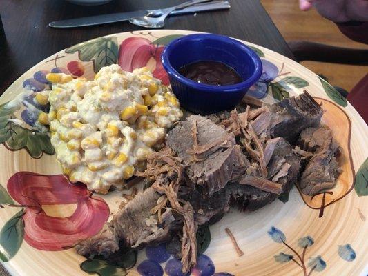 Brisket lunch plate with a side of corn casserole,  yum