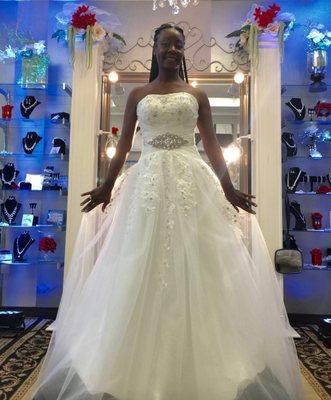 Beautiful bride in Ivory lace and tulle with appliques and a little bling....at Bridals and Beyond His and Her's Boutique, Hardin Valley!