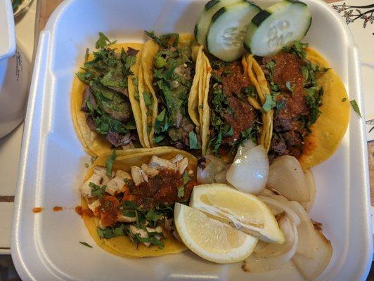 Tacos - barbacoa, lengua (tongue), cabeza (head meat), pollo (chicken), carne asada (steak)