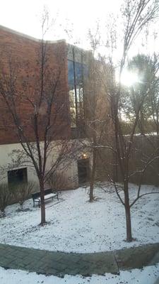 Orem library out of window in children's picture book section.