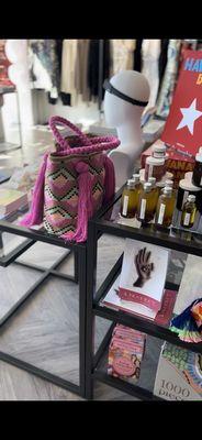 Woven bag from Colombia and the most decadent smelling rose oil!