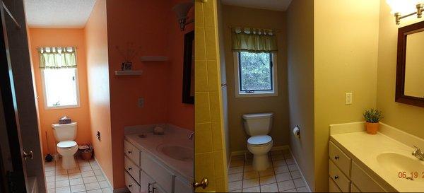 A bold bathroom before and a neutral bathroom after.