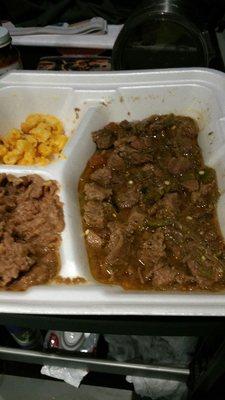 Beef Verde, Mac and cheese, refried beans