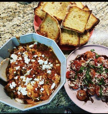 Turkish egg bake, tomato salad with homemade balsamic dressing and homemade ciabatta bread