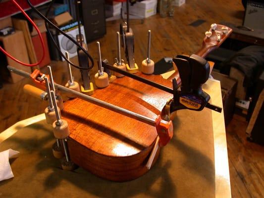 Guitar undergoing restortation at Specimen Guitar Shop.