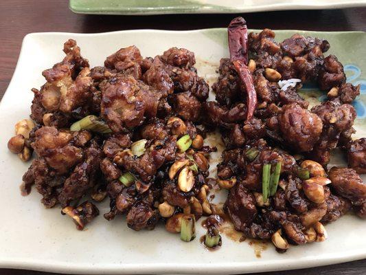 Burned Kung Po Chicken and salty Broccoli and Chicken, probably recooked.