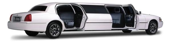 8 passenger white Super stretch Lincoln Limousine 5 door. Exterior