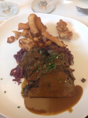 Sauerbraten: braised beef, red cabbage, Spatzle.