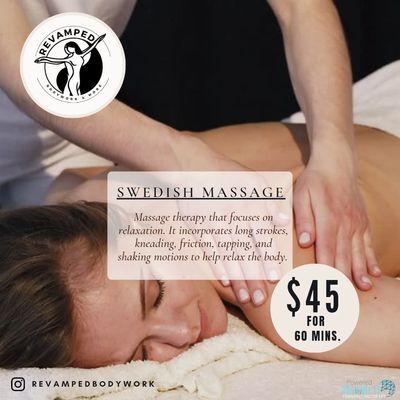 Relax and unwind with a Swedish Massage! Enjoy 60 minutes of tension-reducing strokes and kneading for only $45. Call, text, or DM now