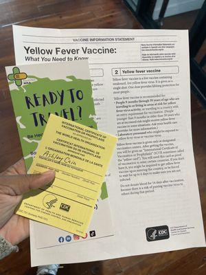 Yellow fever vaccine is required for travel to Africa, Central and South Americas.