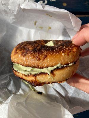 Asiago bagel double toasted with avocado garlic cream cheese