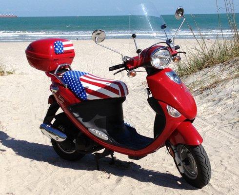 Buddy Scooter with American Flag seat cover and backrest cover.  Hey! This is my scooter! :)