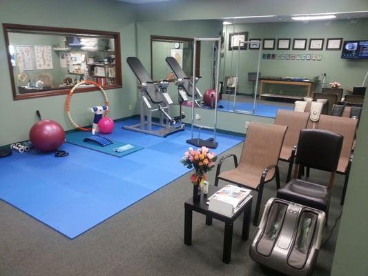 The therapy area allows patients to learn new therapeutic exercise for their symptoms.