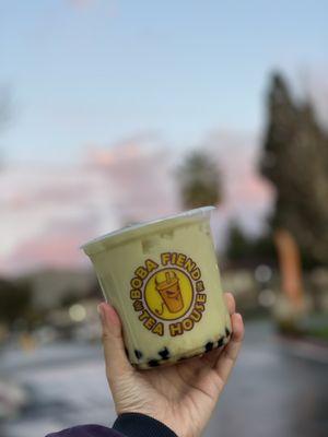 Honeydew Milk Green Tea with boba