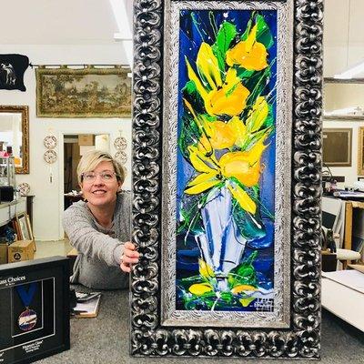 Check out this beautiful Velia Newman original acrylic painting, freshly framed! Our customer chose a bold mix of silver moulding.