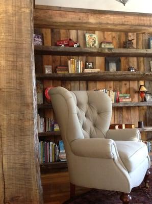 Custom built-in shelves using reclaimed wood we hand-selected for this project.