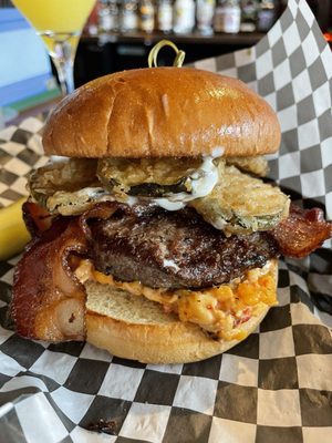 Botz burger - pimento cheese, bacon, fried pickles, and ranch dressing