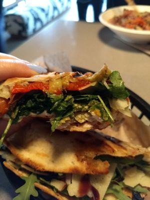 Vegetarian flatbread sandwich with grilled chicken... SO GOOD